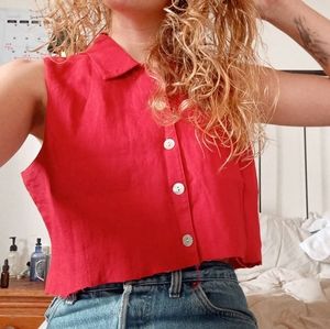 red raw hem linen blend crop top